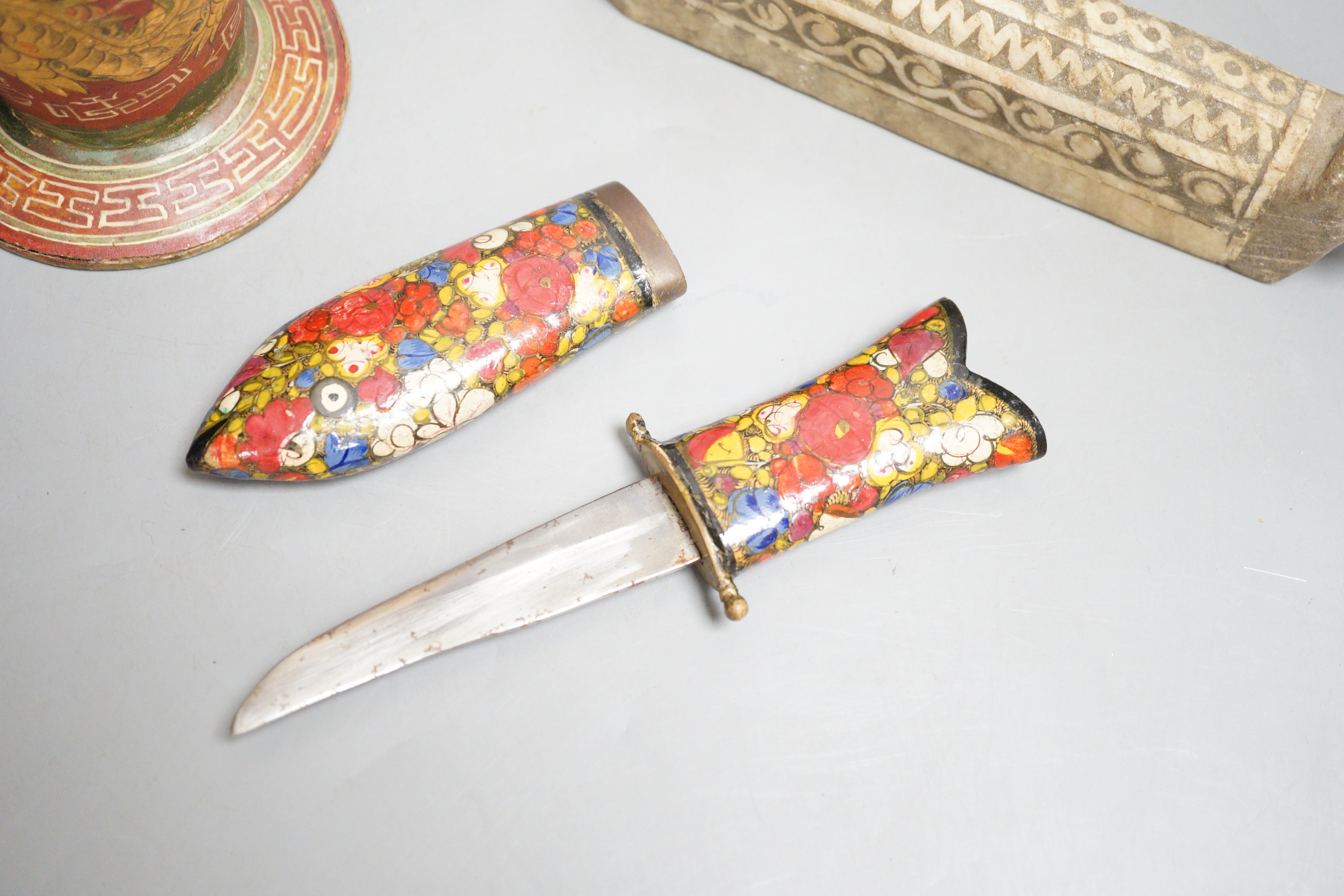 Am Islamic alabaster scribes box, a lacquered brass vase and a Persian knife, tallest 24cm